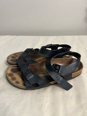 Birkenstock Rio Black Ankle Strap Sandals Size 42 EU Leather Footbed Shoes